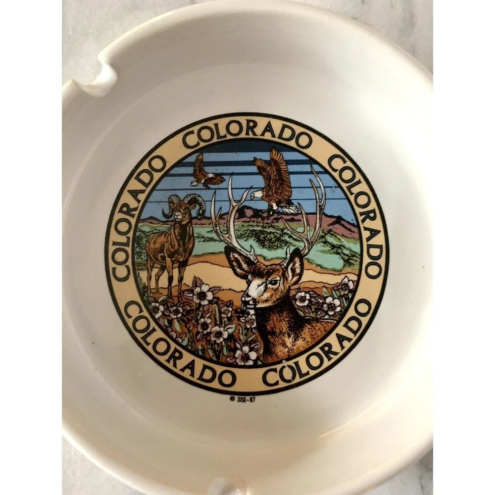 Vintage Retro Colorado State Tourist Ashtray Deer Eagle Ram Graphic Design